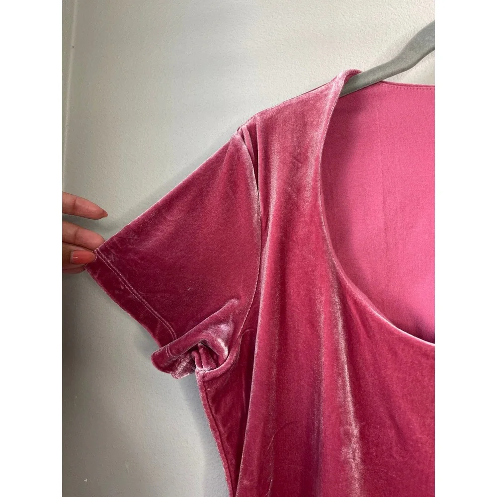 Moda International Short Sleeve Top Pink Velvet Scoop Neck Vintage 90s Y2K Large